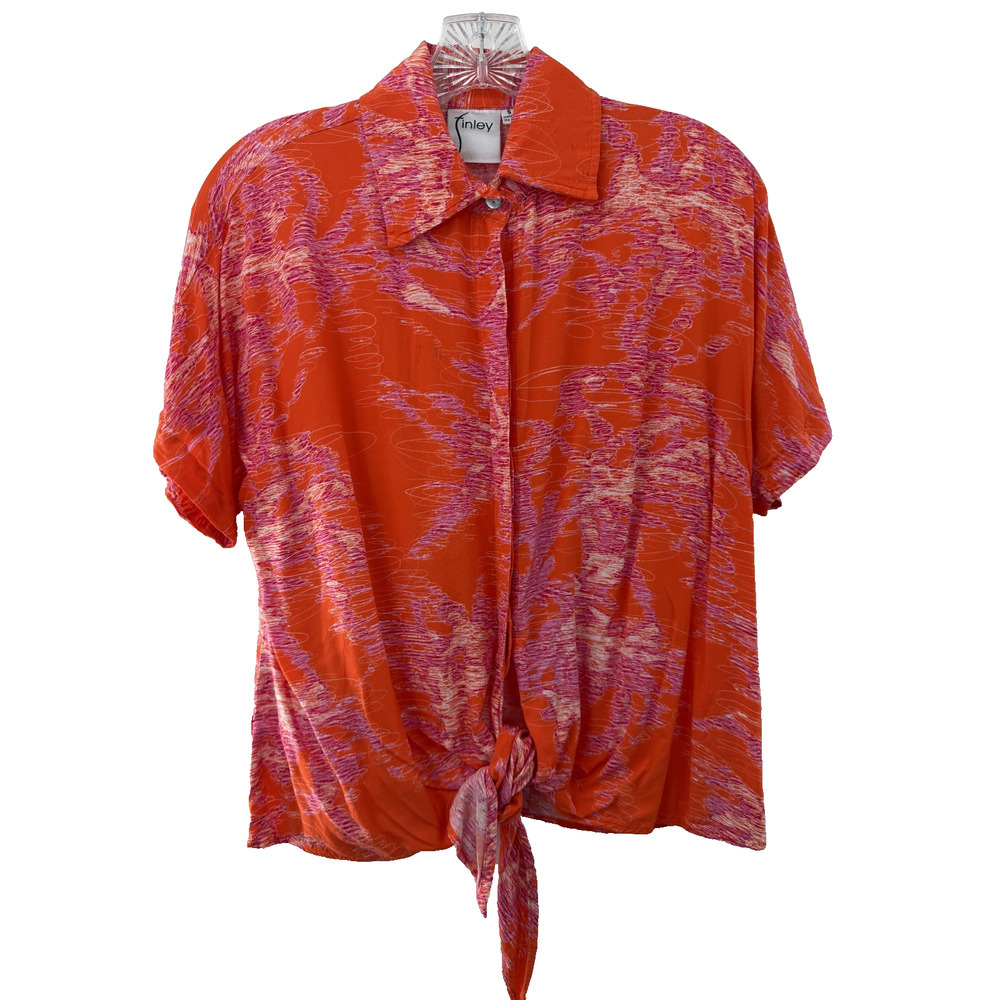 Finley Women's Collared Button Up Abstract Cropped Blouse Size Small